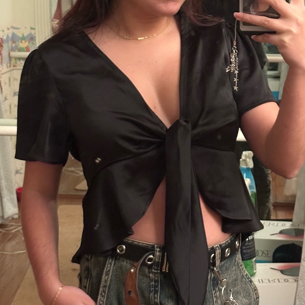 Women’s Black Satin Tie-Front Blouse
